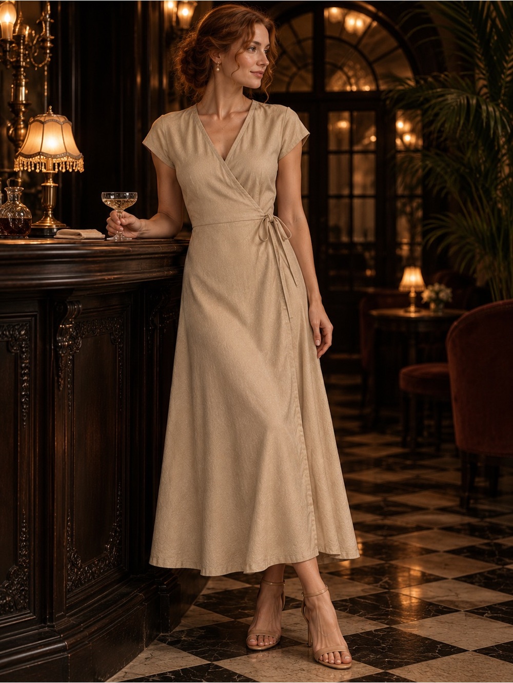 ALFRED SUNG Vintage Tan Textured A-Line Wrap Maxi Dress 40s Style Quiet Luxury